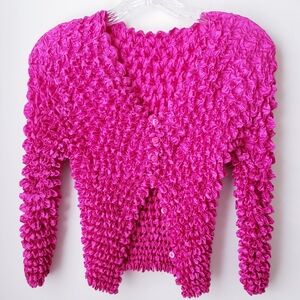 Vintage Hot Pink Stretchy Popcorn Button Cardigan Top